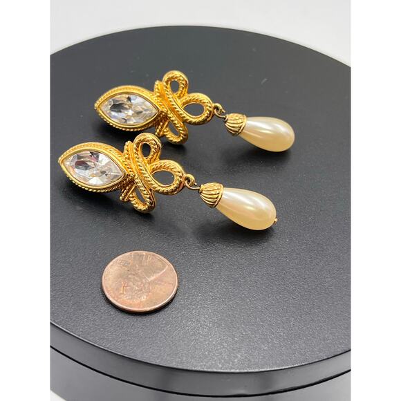 Swarovski Swan Vintage Crystal Teardrop Faux Pearl Gold Plated Dangle Earrings - Picture 2 of 8